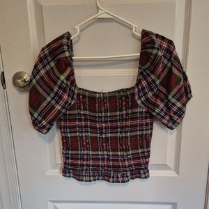 American Eagle Outfitters Multicolor Plaid Puff Sleeve Top